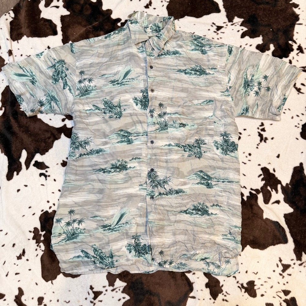 Robert Stock Silk Shirt Mens Medium Grey Green Tropical Island Print Hawaiian